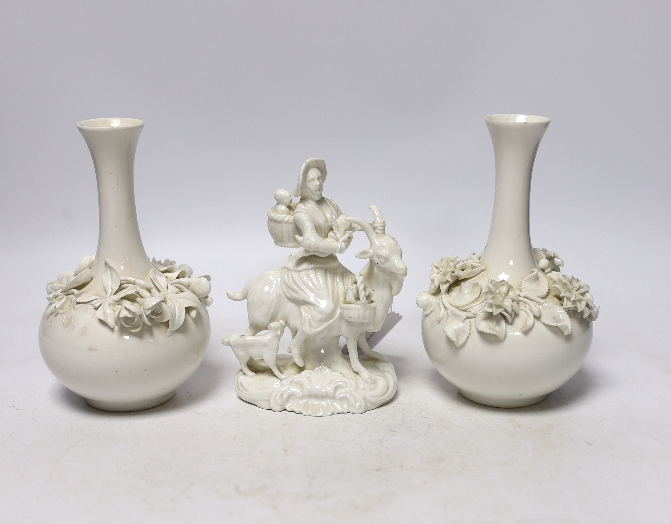 Sampson Hancock, Derby, a pair of floral encrusted vases and figure group, largest 15.5cm high